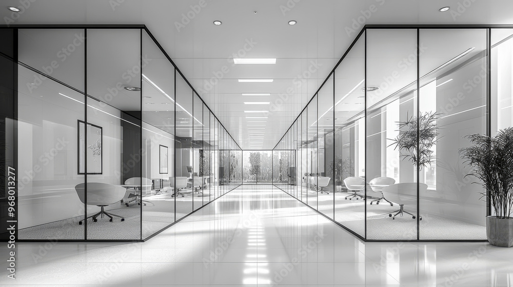 A modern office hallway with glass walls, bright lighting, and white furniture. A modern office hallway with glass walls, bright lighting, and white furniture.