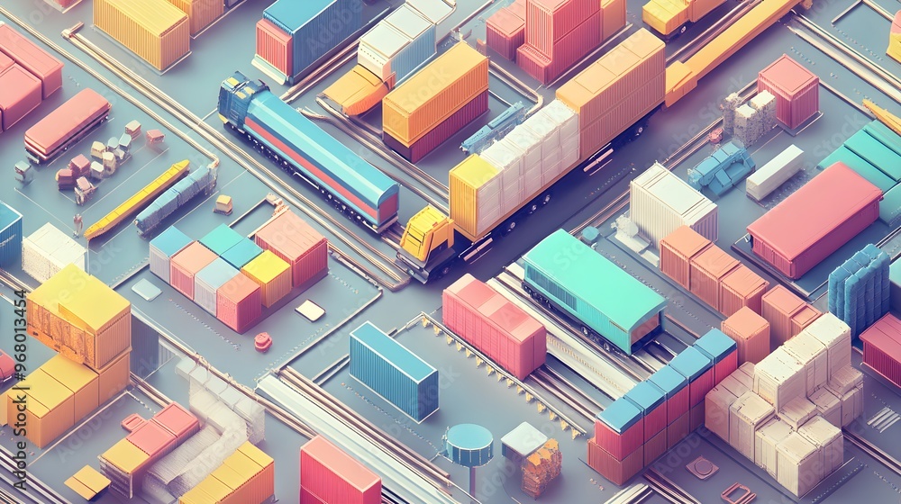 Colorful Shipping Containers and Trains Logistics and Cargo Transportation Illustration Colorful Shipping Containers and Trains Logistics and Cargo Transportation Illustration