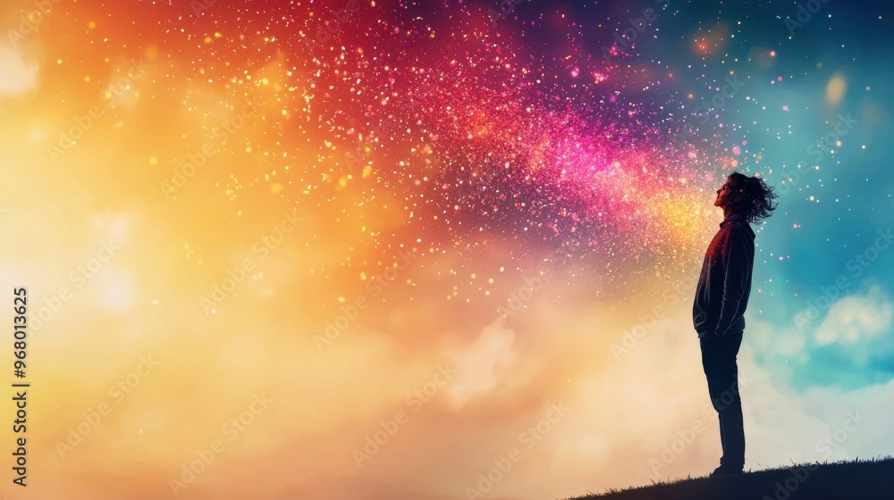 Fototapeta premium Positive Wind: A person standing on a hill with their hair and clothing blown forward by a wind of bright, colorful particles, representing how positive thinking propels them forward