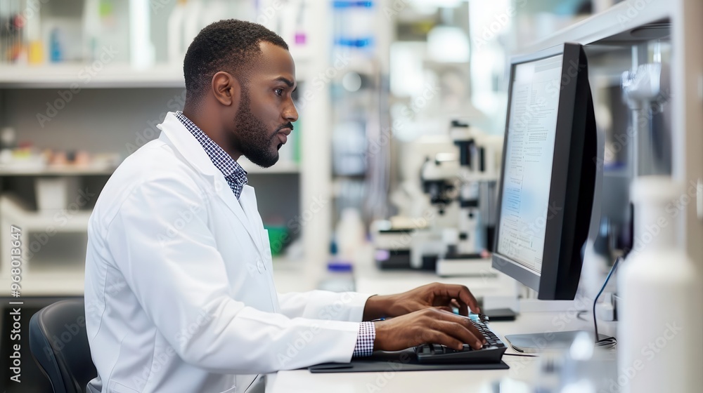 african american scientist in lab coat using computer for pharmaceutical research modern laboratory setting with scientific equipment african american scientist in lab coat using computer for pharmaceutical research modern laboratory setting with scientific equipment