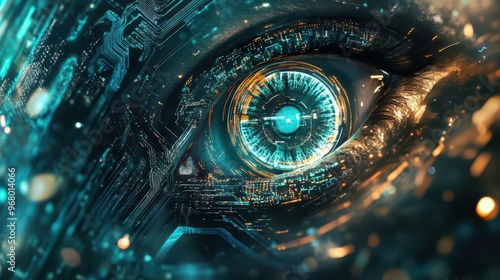 ai vision concept human eye merging with circuit board data streams glowing iris deep blues and cyans techorganic fusion photo