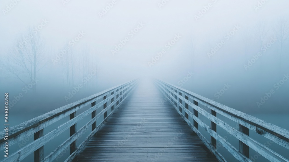 Naklejka premium A fog-covered bridge with no visible end in sight, [uncertainty], [crossing into the unknown]
