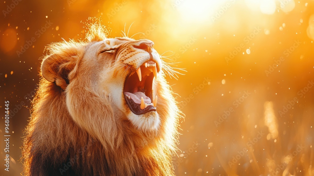 Naklejka premium majestic lion roaring in the wild, wildlife banner with room for text, capturing the essence of nature and wildlife