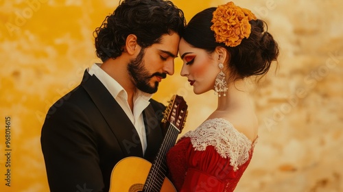 Flamenco guitarist and dancer duo, intense eye contact, deep connection through music and dance