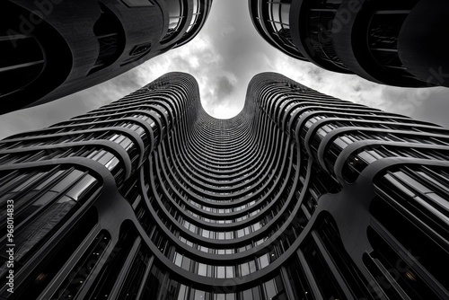 Minimalistic, black and white architectural drawing of a modern skyscraper, contemporary, precision, architectural design, visual geometry :: clean lines, abstract composition, visual elegance