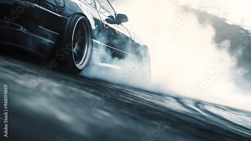 10092332 08 A close-up of a JDM car drifting around a tight corner, smoke billowing from its tires on the drift circuit