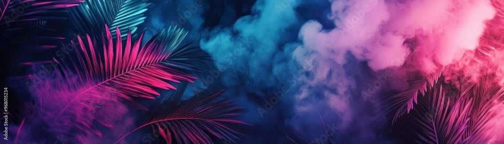 Naklejka premium Palm Leaves Bathed in Neon Pink and Blue Smoke