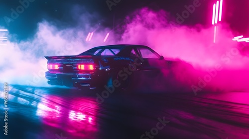 10092332 15 A night-time drift event on a neon-lit circuit, with a JDM car leaving thick trails of tire smoke as it drifts
