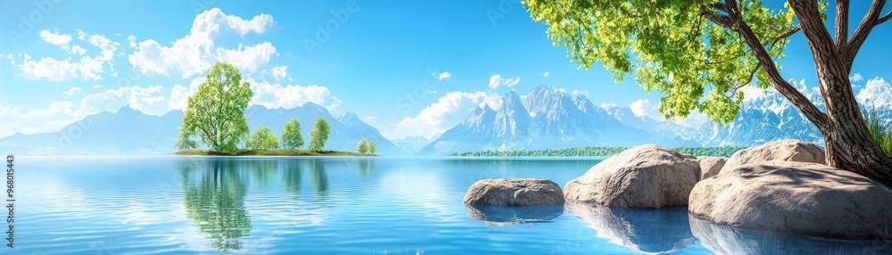 Obraz premium Peaceful, serene lake surrounded by mountains, realistic, tranquil beauty