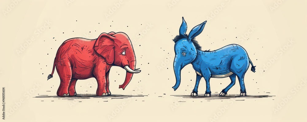 Naklejka premium Cartoon-style illustration of a red elephant and blue donkey facing each other, symbolizing political rivalry.