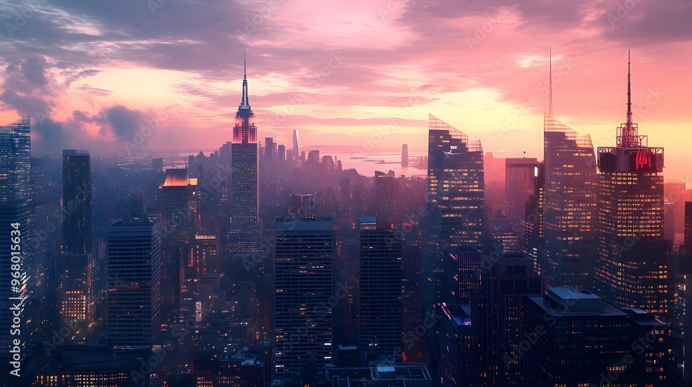 Obraz premium Cityscape at Sunset with Skyscrapers and Pink Clouds