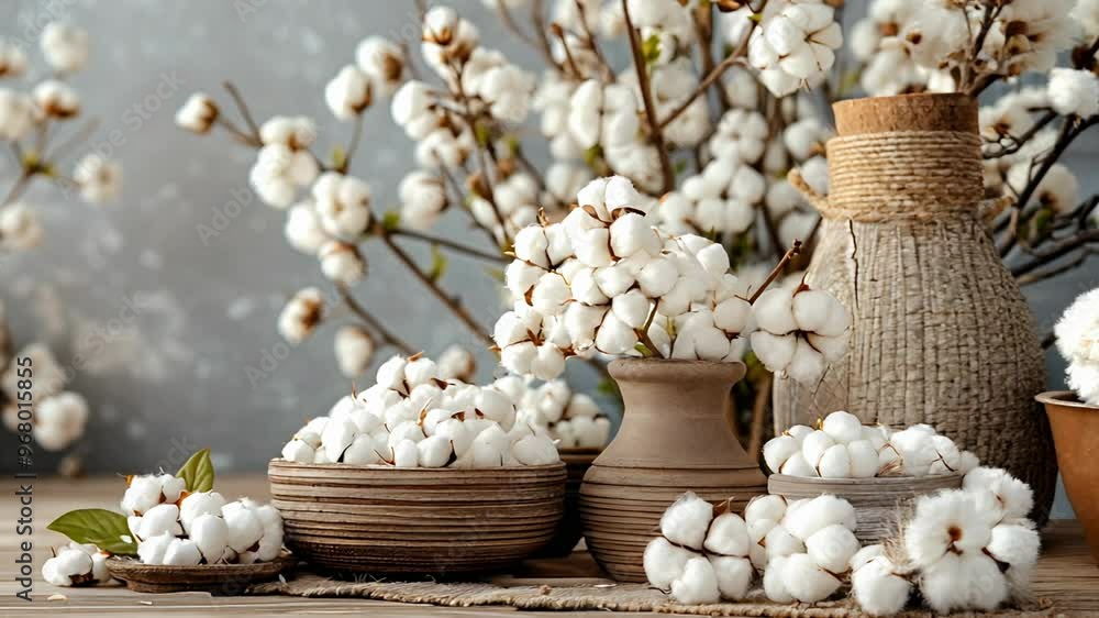 A static shot of cotton flowers in vases and bowls on a wooden table. A static shot of cotton flowers in vases and bowls on a wooden table.