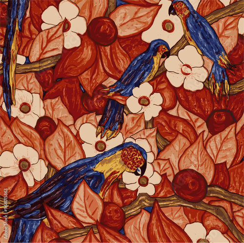 Three colorful parrots nestled in vibrant red and pink foliage with white flowers in a stylized, nature pattern.