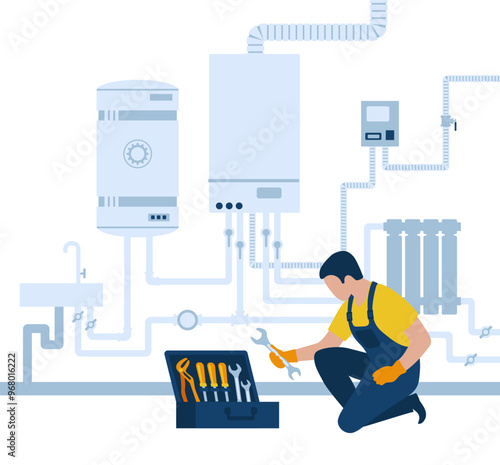 Professional plumber repairs water supply system in the house. Home heating system. Home repair, maintenance and plumbing services.