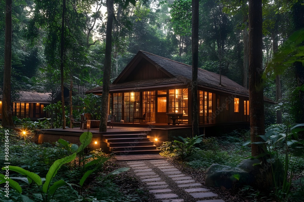 Eco-Friendly Rustic Wellness Retreat Surrounded by Lush Forest,Guests Enjoying Outdoor Activities and Nature's Tranquility Eco-Friendly Rustic Wellness Retreat Surrounded by Lush Forest,Guests Enjoying Outdoor Activities and Nature's Tranquility