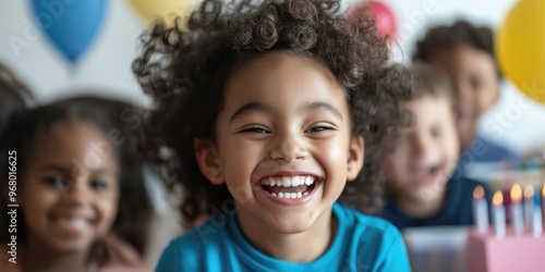 Cheerful laughing diverse children little kids on birthday party with colorful balloons