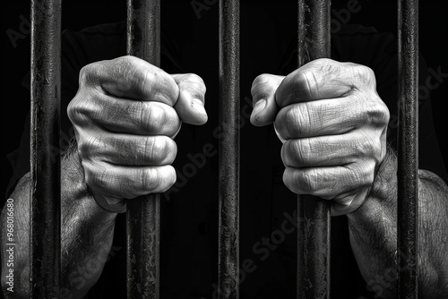 A prisoner s hands gripping cold metal bars, symbolizing confinement and the quest for freedom. photo