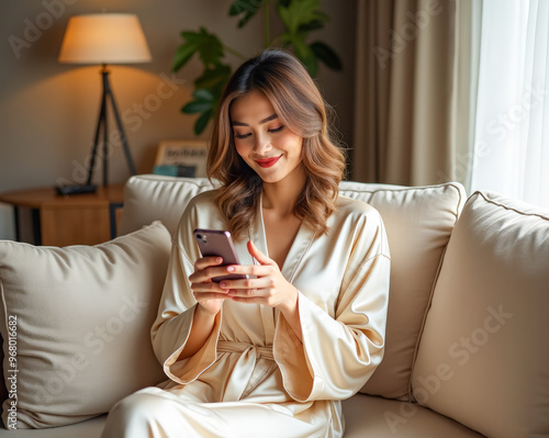 A beautiful girl in a bathrobe is typing on her phone and smiling