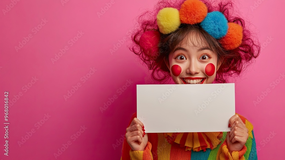Fototapeta premium Happy asian young woman in clown costume, showing a blank banner on hands, isolated on pink background with copy space.
