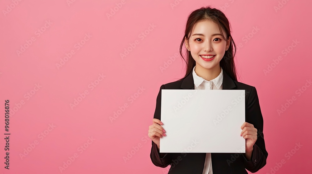 Asian young woman in suit uniform, showing a blank banner on hands, isolated on pink background, copy space. Asian young woman in suit uniform, showing a blank banner on hands, isolated on pink background, copy space.