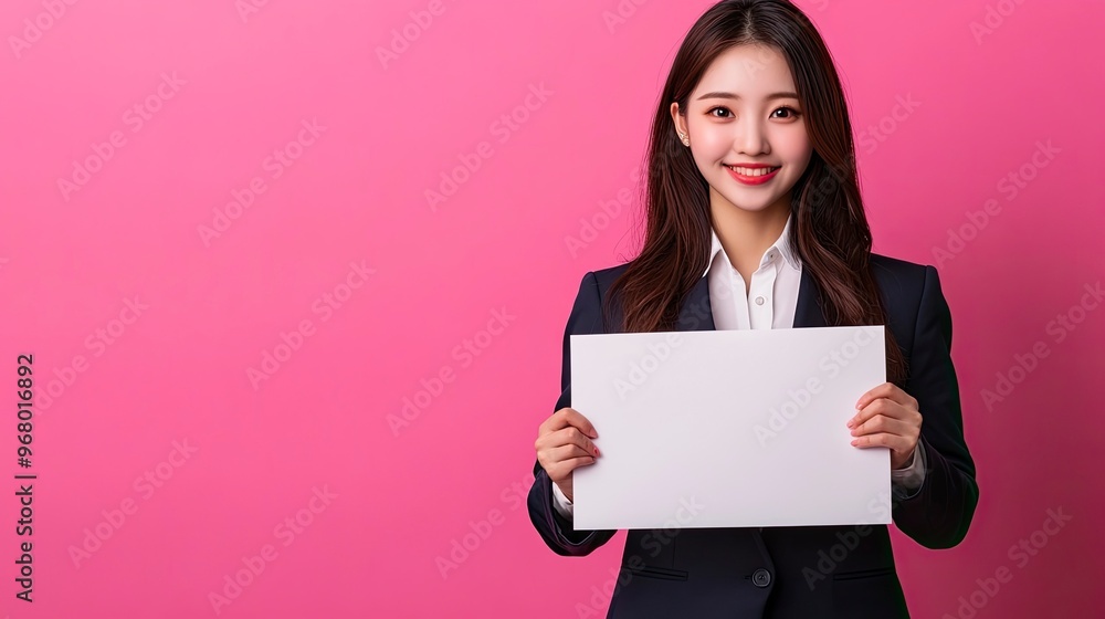 Asian young woman in suit uniform, showing a blank banner on hands, isolated on pink background, copy space. Asian young woman in suit uniform, showing a blank banner on hands, isolated on pink background, copy space.