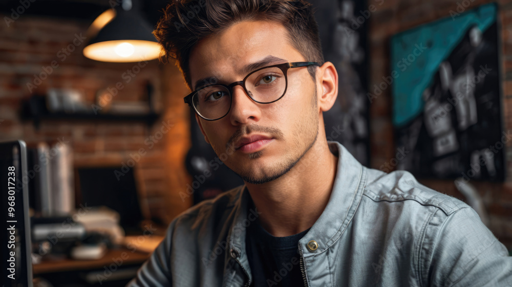 A man in cafe. Eyeglasses looking at camera. A man in cafe. Eyeglasses looking at camera.
