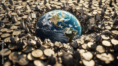 Shrinking Earth with Cracked Coins: A globe surrounded by cracked and shrinking coins that fade into the background photo