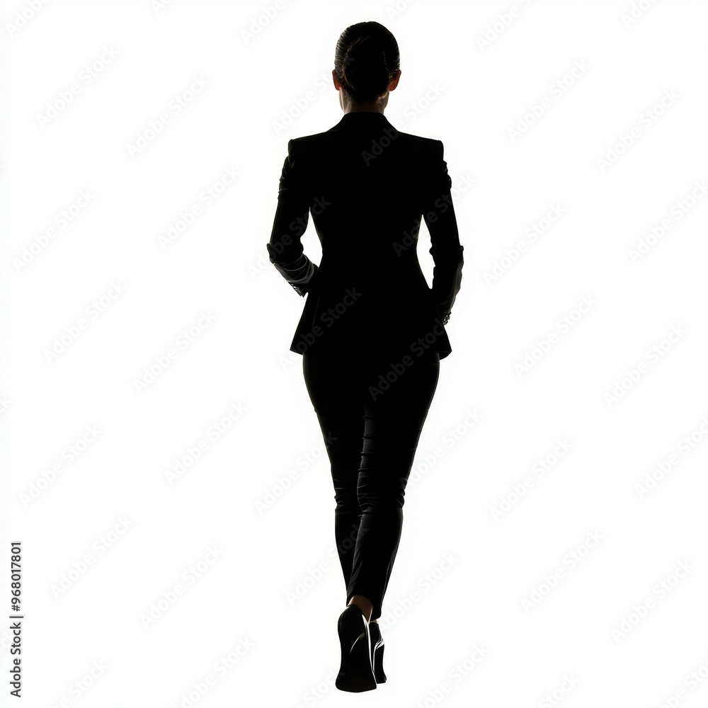 Silhouette of a businesswoman walking confidently on a plain white background Silhouette of a businesswoman walking confidently on a plain white background