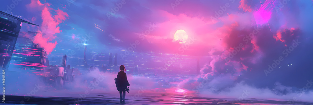 Naklejka premium Vibrant Abstract Lofi and Synthwave Anime Wallpaper – Bold Retro Art