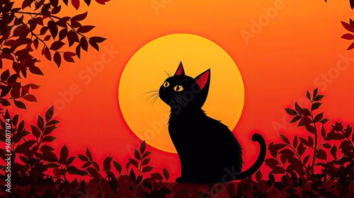 A black cat silhouette against a vibrant sunset, surrounded by leaves, creating a mystical and serene atmosphere. Halloween Background