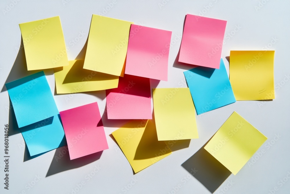 Colorful sticky notes with doodles arranged randomly on a white surface Colorful sticky notes with doodles arranged randomly on a white surface