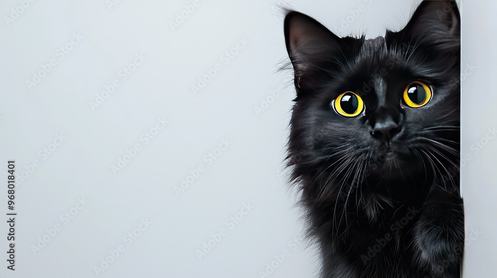 A curious black cat peeking around a corner, showcasing its bright yellow eyes and fluffy fur against a soft background. Halloween Background A curious black cat peeking around a corner, showcasing its bright yellow eyes and fluffy fur against a soft background. Halloween Background