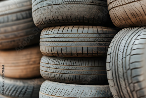 Stack of Old Worn-Out Tires at a Recycling Center, Sustainable Waste Management and Tire Disposal