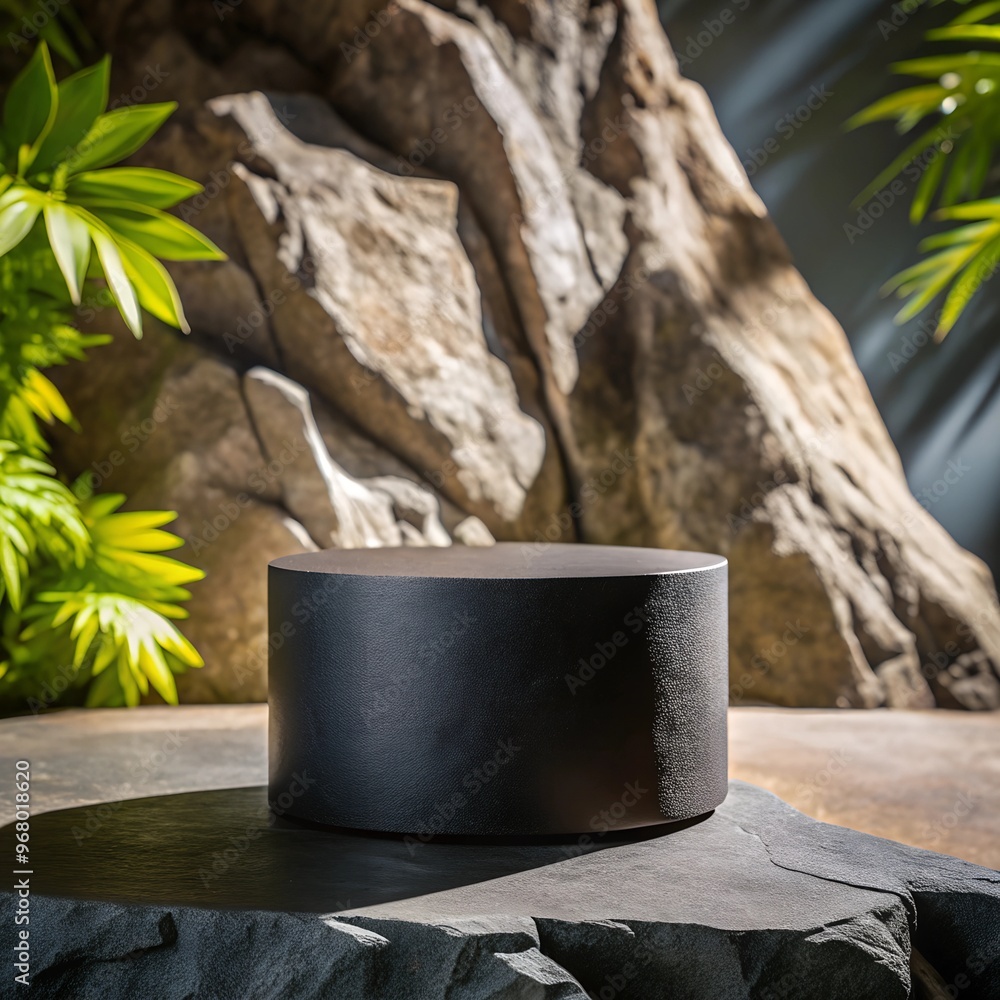 photo Black stone podium with sun shadow for product display in Rock shape background photo Black stone podium with sun shadow for product display in Rock shape background