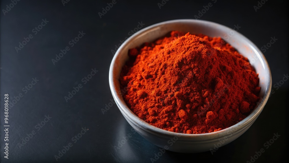 Small bowl filled with bright red powder on a dark surface. Small bowl filled with bright red powder on a dark surface.