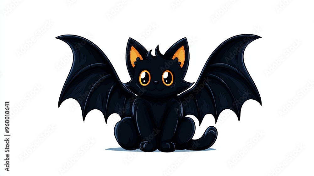 Obraz premium A cute cartoon bat cat with big eyes and black fur, featuring playful wings, perfect for Halloween-themed designs and illustrations