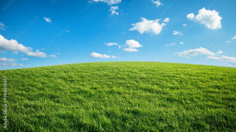 Lush green grassy field under a bright blue sky with fluffy white clouds on a sunny day