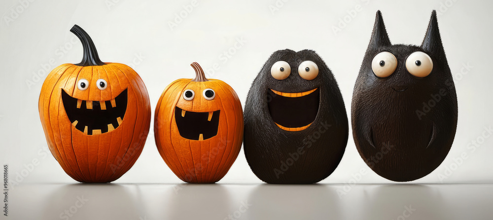 Festive Halloween Pumpkins and Happy Avocados with Cheerful Faces, Perfect for Celebrations Festive Halloween Pumpkins and Happy Avocados with Cheerful Faces, Perfect for Celebrations