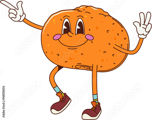 Cartoon retro groovy tangerine fruit character wearing sneakers, exudes retro funky vibe with a big, cheeky smile. Isolated vector ripe and cheerful tropical orange or mandarin citrus fruit personage