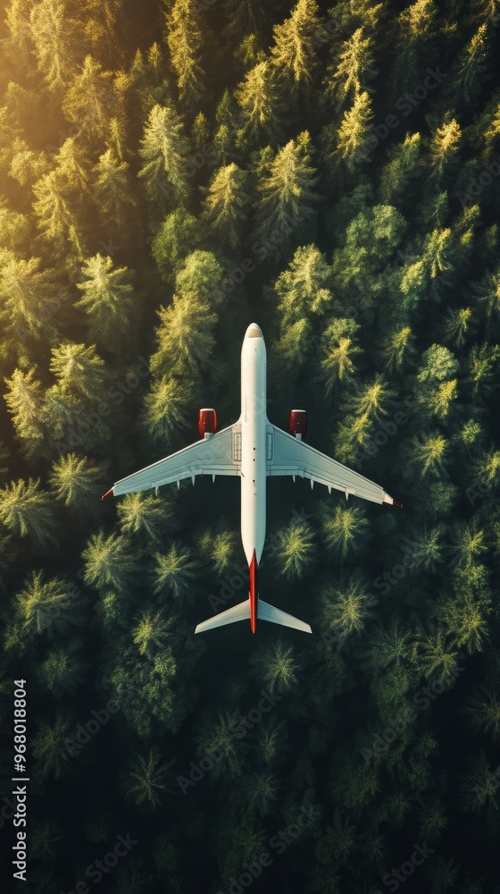 Fototapeta premium aerial view of airplane flying over forest, natural landscape concept