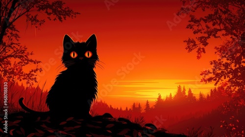 A mysterious black cat silhouette against a vibrant sunset in a serene forest landscape, perfect for feline lovers and art enthusiasts. Halloween Background