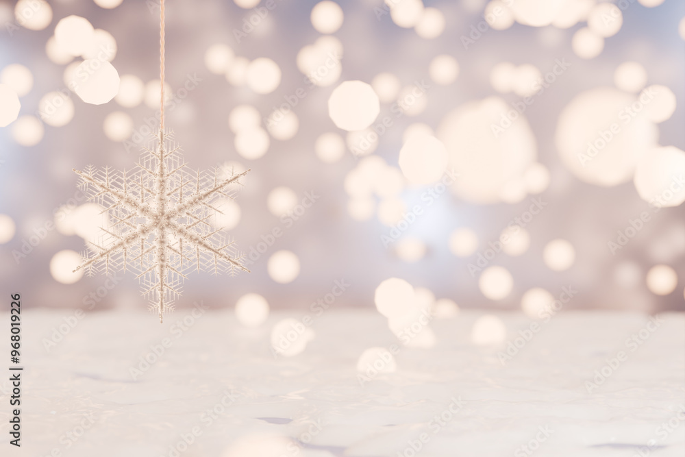 A delicate snowflake ornament hangs against a soft, blurred background of shimmering lights, winter magic. 3d rendering A delicate snowflake ornament hangs against a soft, blurred background of shimmering lights, winter magic. 3d rendering
