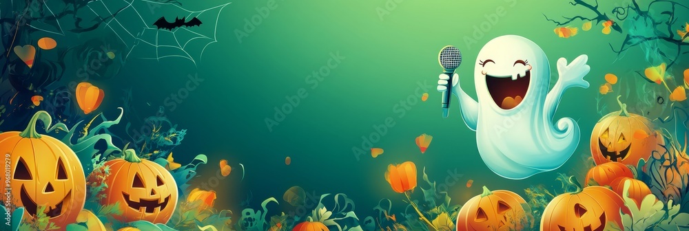 Join the Halloween karaoke party with a singing ghost and vibrant pumpkin decor for spooky fun Join the Halloween karaoke party with a singing ghost and vibrant pumpkin decor for spooky fun