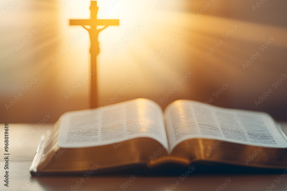 Sunlight Illuminating Open Bible with Jesus Cross in the Background, Spiritual Reflection and Faith Sunlight Illuminating Open Bible with Jesus Cross in the Background, Spiritual Reflection and Faith