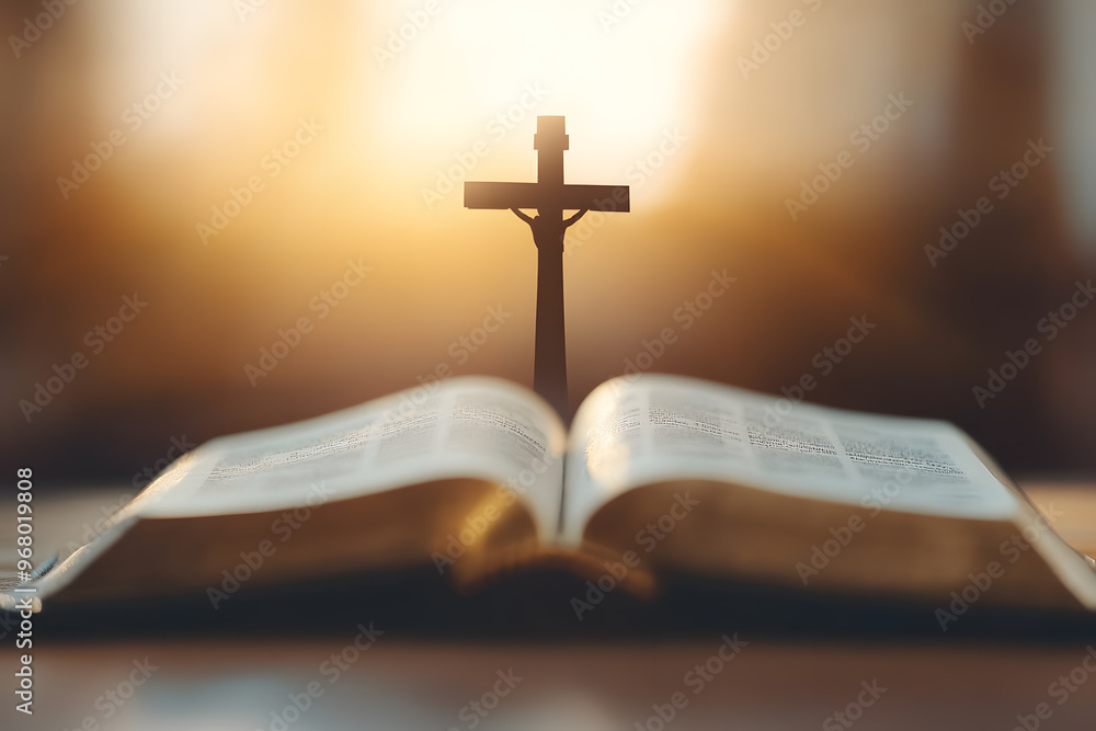 Sunlight Illuminating Open Bible with Jesus Cross in the Background, Spiritual Reflection and Faith Sunlight Illuminating Open Bible with Jesus Cross in the Background, Spiritual Reflection and Faith
