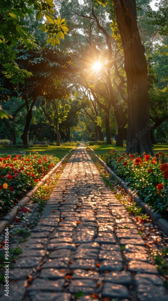 Fototapeta premium Sunlight shining through trees and flowers on a brick pathway