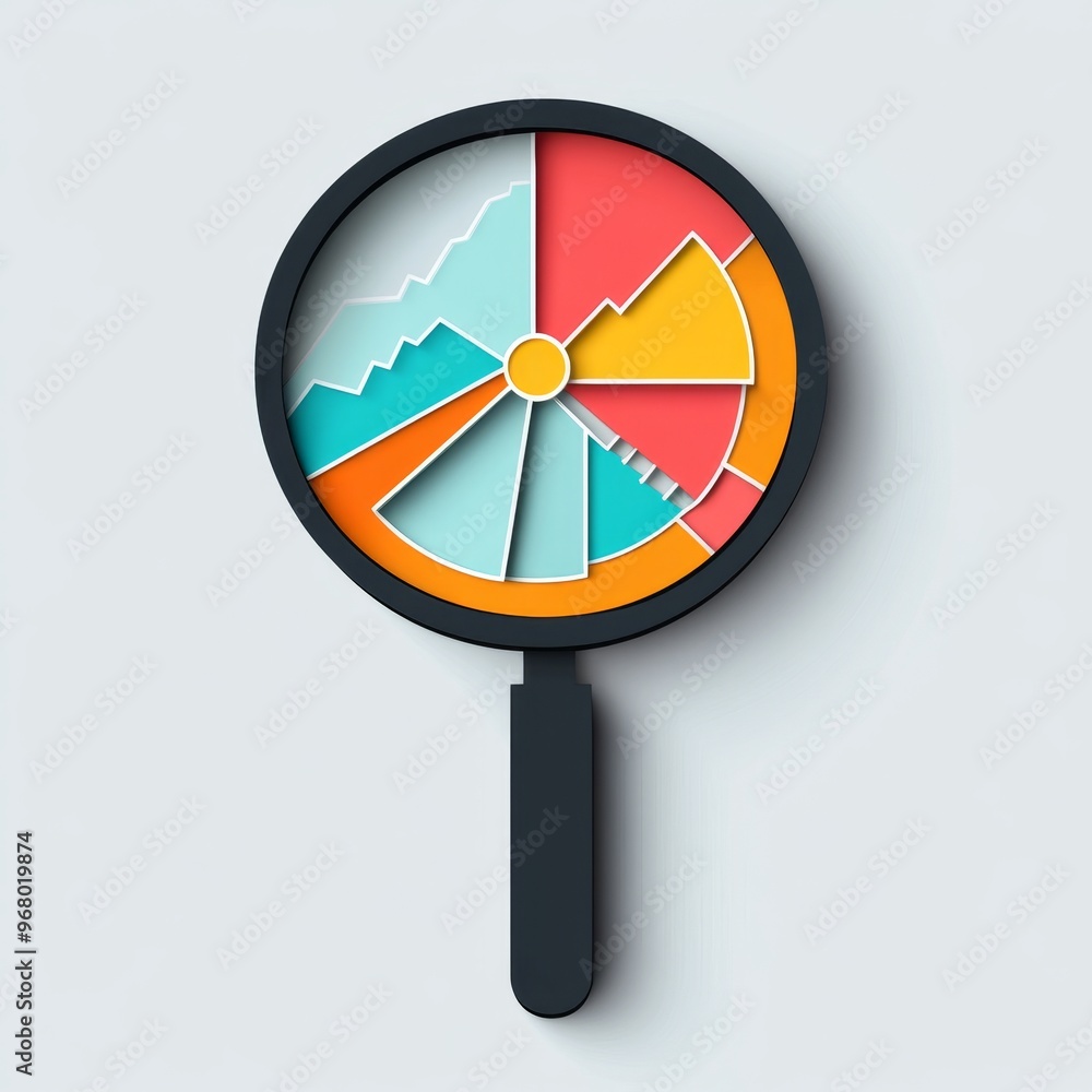 Magnifying glass and data analysis icons in paper cut style on a gray background Magnifying glass and data analysis icons in paper cut style on a gray background