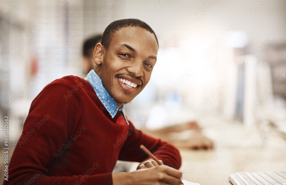 Obraz premium Portrait, smile and student learning at library for education, knowledge or test preparation in college. University scholarship, man and confidence for studying, project notes and online exam report