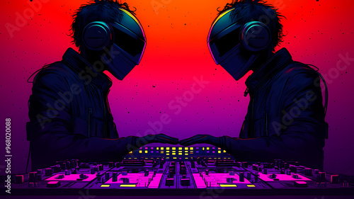 A high-contrast, close-up illustration of Daft Punk in black leather jackets, performing electronic music in a DJ booth with vivid system interface lights.