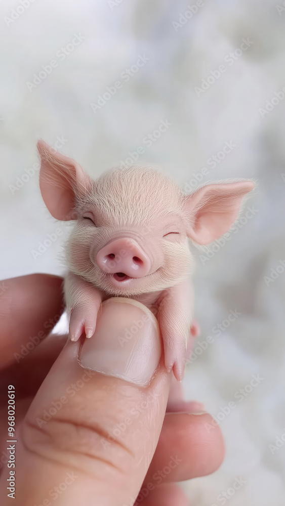 Tiny newborn piglet smiling, held gently in human hands. Close-up pet portrait. New life and animal care concept Tiny newborn piglet smiling, held gently in human hands. Close-up pet portrait. New life and animal care concept